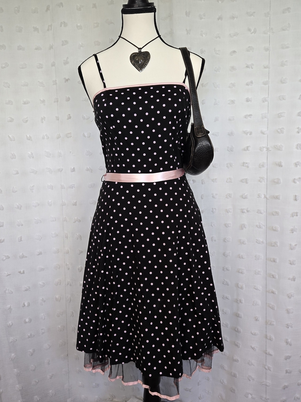 Y2K Finesse USA Black Polka Dot Fit & Flare Dress with Pink Trim